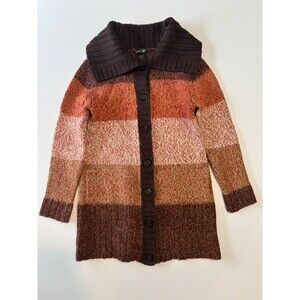 Vintage Lord & Taylor Cardigan Women M Orange Brown Striped Wool Preppy Academia
